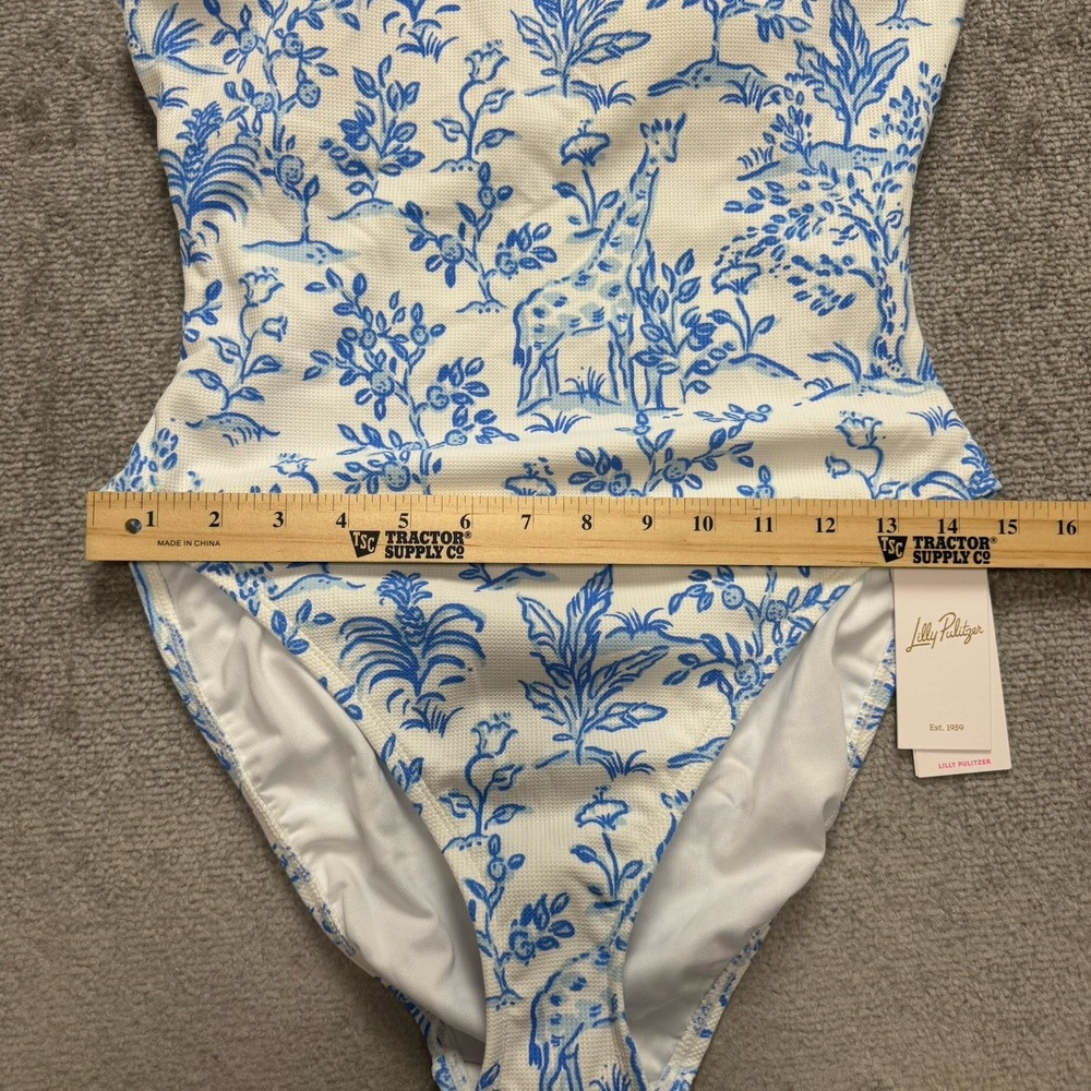 NWT Lilly Pulitzer Size 8 Aemma Ruffle Swim Suit White Blue Tall Tales Giraffe - Picture 8 of 13